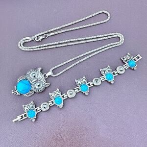 Owl Jewelry Set Necklace & Bracelet Silver Tone Faux Turquoise Cabochons Cute
